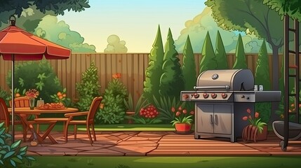 A barbecue grill sits on a stone patio in a backyard. There is a wooden fence in the background and a green lawn to the left.