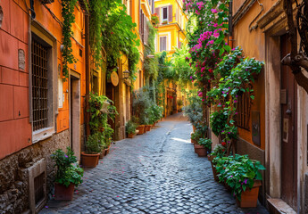 Obraz premium A picturesque alley with ancient buildings and greenery. The cobblestone street is lined with historic architecture, while ivy-covered walls add to the quaint charm of the scene, Generative Ai 