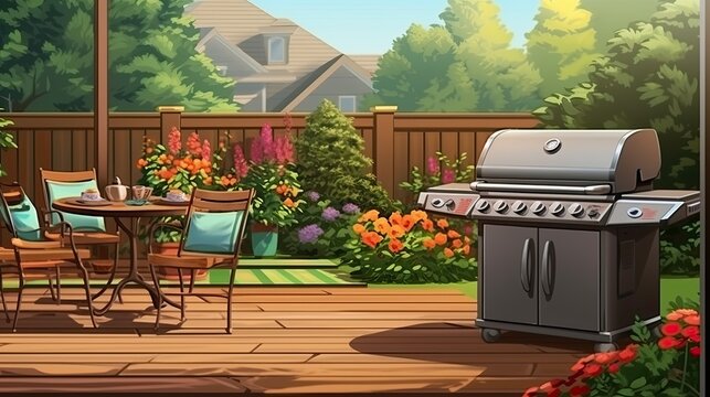 A beautiful backyard with a wooden deck, surrounded by a fence. There is a gas grill on the deck, and a table with chairs under an umbrella.
