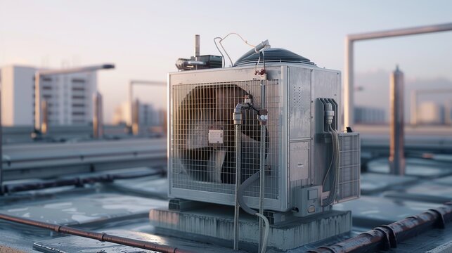 3D rendering of a condenser unit or compressor on the rooftop of an industrial plant or factory. This unit is part of an AC or air conditioning, HVAC