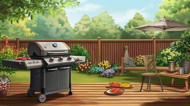 A barbecue grill sits on a wooden deck in a backyard.