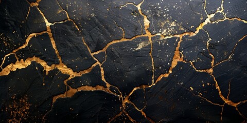A black and gold wall with cracks and splinters