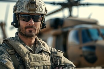 Fototapeta premium An army soldier in combat gear stands with folded arms in front of a military helicopter