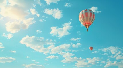 Fototapeta premium Hot air balloon ride against a backdrop of blue sky with white clouds, ideal for a wide banner of a travel agency or adventure tour. Capturing the romance of ballooning in perfect weather conditions