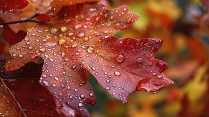 Close up of dew covered northern red oak leaf on tree surrounded by other foliage