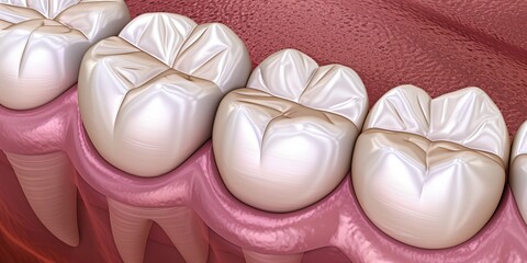 A close up of a person's teeth with a pinkish hue. The teeth are white and the gums are pink