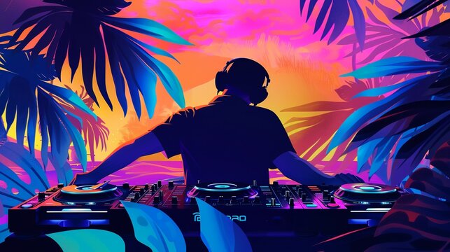 Music playing at a party. Art. A DJ at his console creating music for people enjoying their vacation and show only dj hand. 