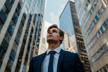 Focused young executive in formal attire, surrounded by modern architecture