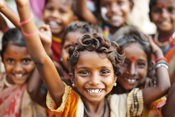 Obraz premium Group of diverse, cheerful multi-ethnic children from India smiling and looking at the camera outdoors