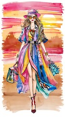 Naklejka premium Colorful Watercolor Fashion Girl Line Art