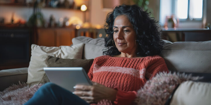Hispanic woman using touchpad on couch in cozy living room