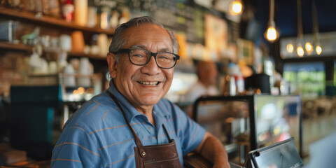 Fototapeta premium Smiling asian man wearing glasses works in a coffee shop