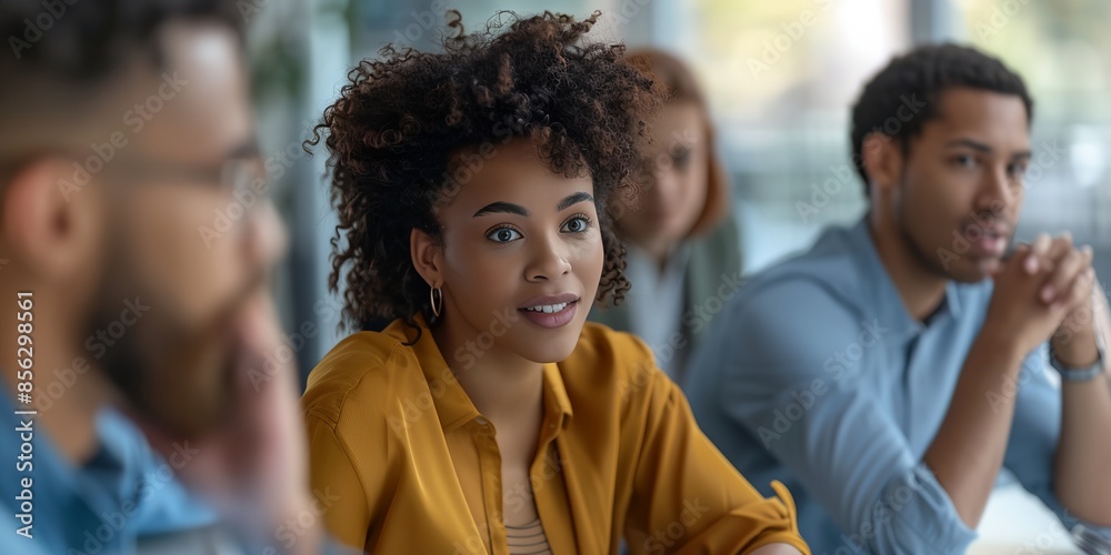 Wall mural A woman with curly hair is sitting in a group of people. She is smiling and looking at the camera. The group of people are all looking at her, and there is a cell phone on the table