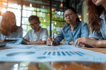 A group of people are sitting around a table with papers and a whiteboard. One person is writing on the whiteboard with a marker. Scene is collaborative and focused
