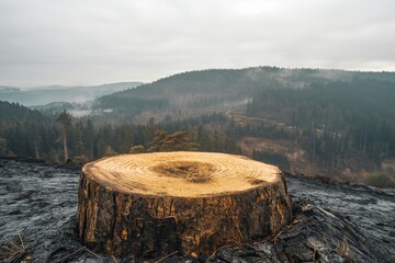 A solitary tree stump stands amidst a burnt landscape, giving a poignant reminder of forest fires