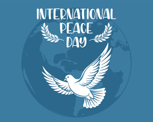 International peace day. Silhouette of a white dove against a background of blue sky with a globe. Illustration. Vector