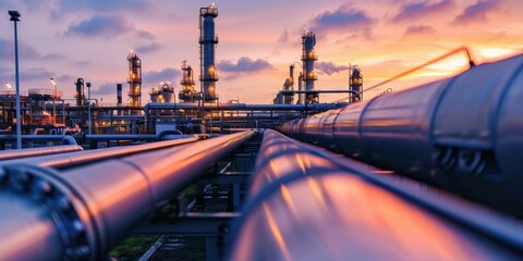 A close-up view of a gas pipeline with industrial structures in the background.