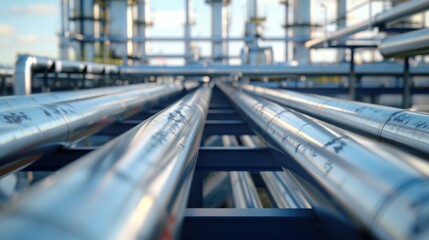 Obraz premium A close-up view of a gas pipeline with industrial structures in the background.