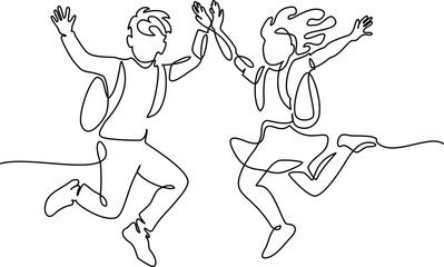 Happy boy and girl pupils with backpacks jumping. Continuous one line