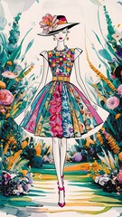 Fototapeta premium Colorful Watercolor Fashion Girl Line Art