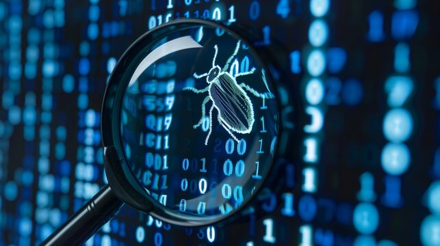 A bug silhouette created from 0 and 1 symbols of binary code, alongside a magnifying glass. This concept symbolizes detecting software bugs, searching for errors or faults in computer programs