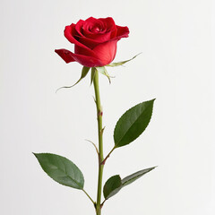 Fototapeta premium A red rose on a green stalk and white colour background.