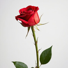 A red rose on a green stalk and white colour background.