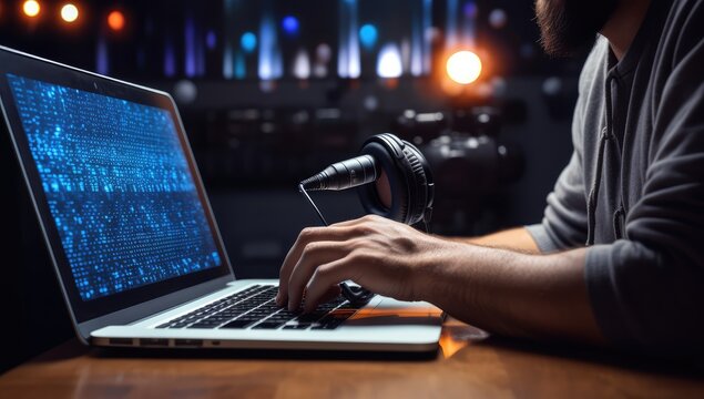 Close up of hacker working on laptop in dark room with binary code