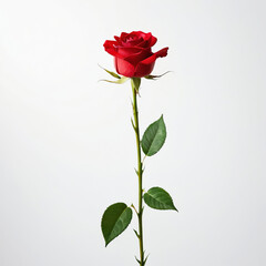 A red rose on a green stalk and white colour background.
