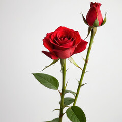 Fototapeta premium A red rose on a green stalk and white colour background.