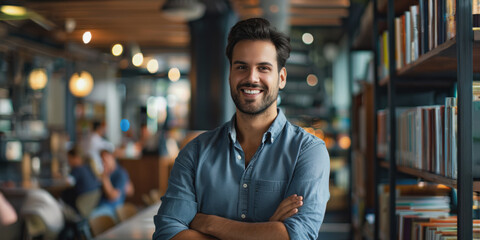 Fototapeta premium Hispanic businessman smiling confidently in a modern office setting
