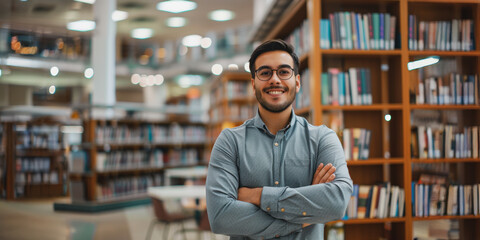 Successful hispanic businessman stands confidently in a library