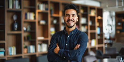 Fototapeta premium Confident hispanic businessman standing in office with arms crossed