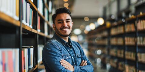 Fototapeta premium Confident hispanic businessman standing in a modern library