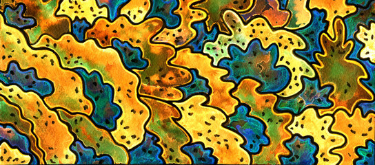 Wavy blue and orange glowing watercolor scales, similar to jellyfish, fill the background. Abstract watercolor grunge texture. Illustration.