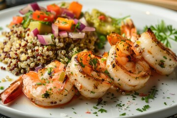 A beautifully arranged plate of grilled shrimp with a side of quinoa and vegetables