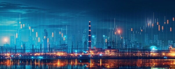 A digitally manipulated cityscape showing a modern skyline superimposed with a financial chart, symbolizing economic growth