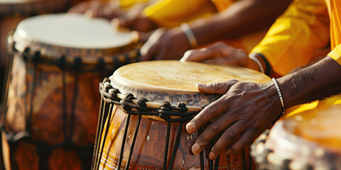  Sikh drummers in yellow robes and turbans play traditional drums