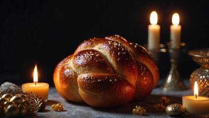 Challah, Jewish holiday Rosh Hashanah candle blessing background with copy space.