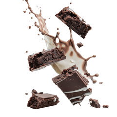 Brownie Chunks and Milk Splash Isolated on Transparent Background Perfect for Designs, food bloggers, dessert menus, and marketing materials