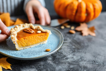 Slice of traditional american homemade pumpkin pie on grey stone background