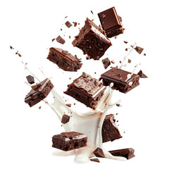 Brownie Chunks and Milk Splash Isolated on Transparent Background Perfect for Designs, food bloggers, dessert menus, and marketing materials