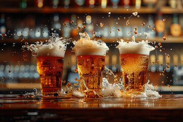 Pint of beer on a bar counter with TV showing a soccer match in blurred background