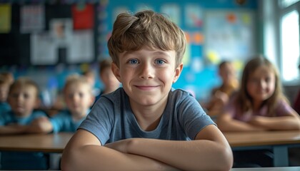 A young boy with a cheerful expression sits at a desk in a classroom, with other children blurred in the background, suggesting a focus on education and youth