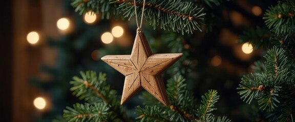 Wooden Christmas hanger in form of a star hanging on a fir tree.