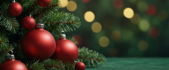 Obraz premium Christmas frame with classic red decorations Fir branches, balls, jingle bells on green background.