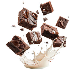 Brownie Chunks and Milk Splash Isolated on Transparent Background Perfect for Designs, food bloggers, dessert menus, and marketing materials