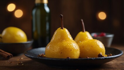 delicious yellow crystal juicy wine poached pears in spicy syrup, seasonal cooking dessert on wooden table.