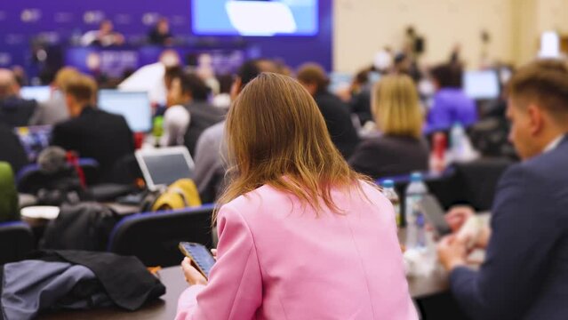 Journalists and correspondents working in media press center, live broadcasting, tv studio channel office, news report coverage of the political forum event, cameraman and editor, creating the news