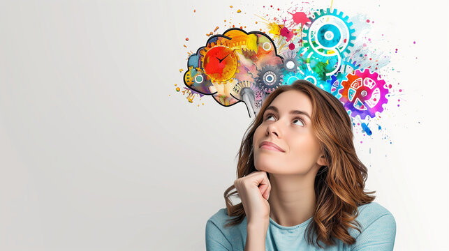 woman thinking with gears and colorful brain drawing on white background, idea concept of female adult having an innovative mind in her head. 